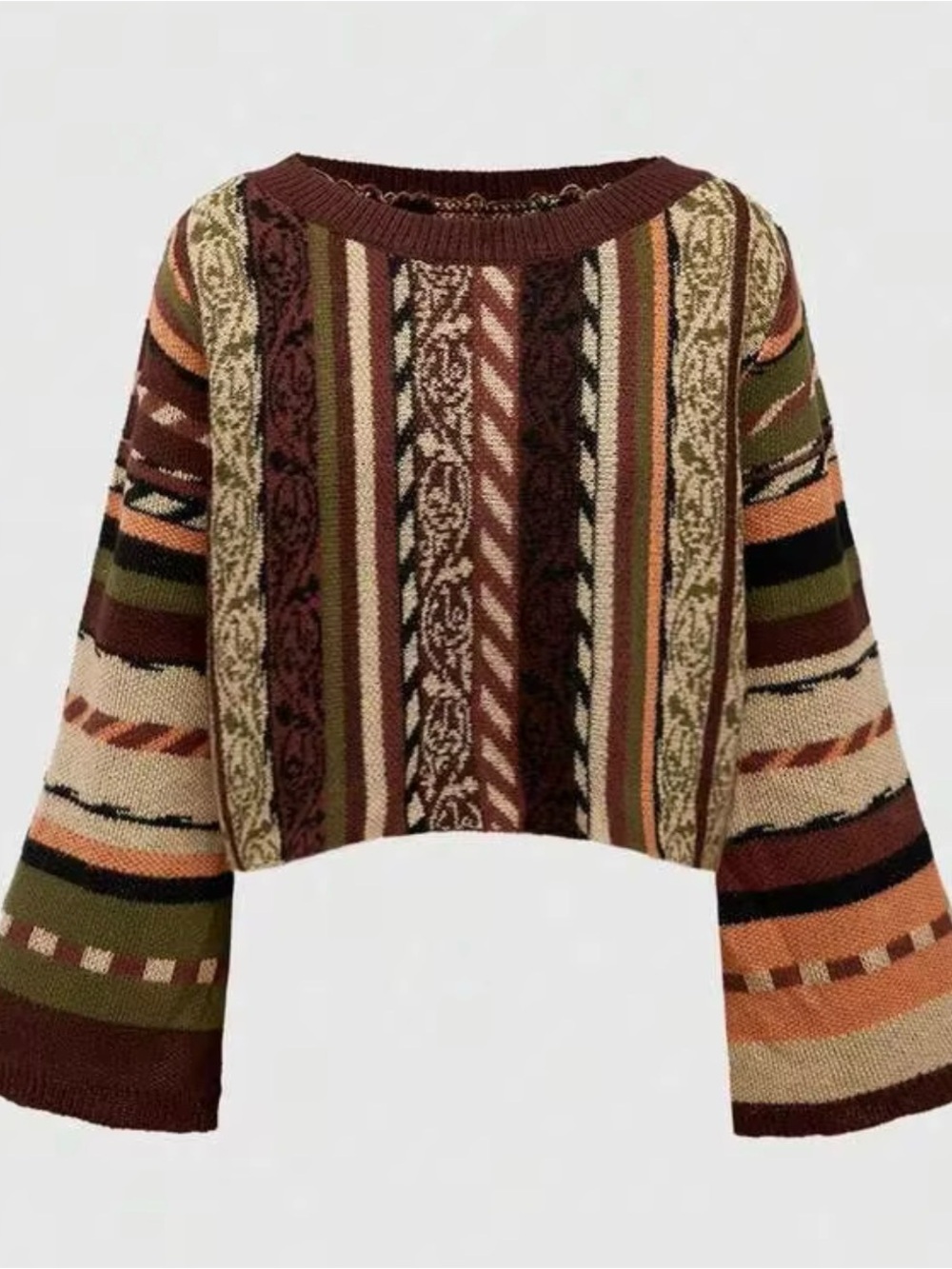 ROMWE Cropped Striped Knit Sweater in Brown, Green & Cream